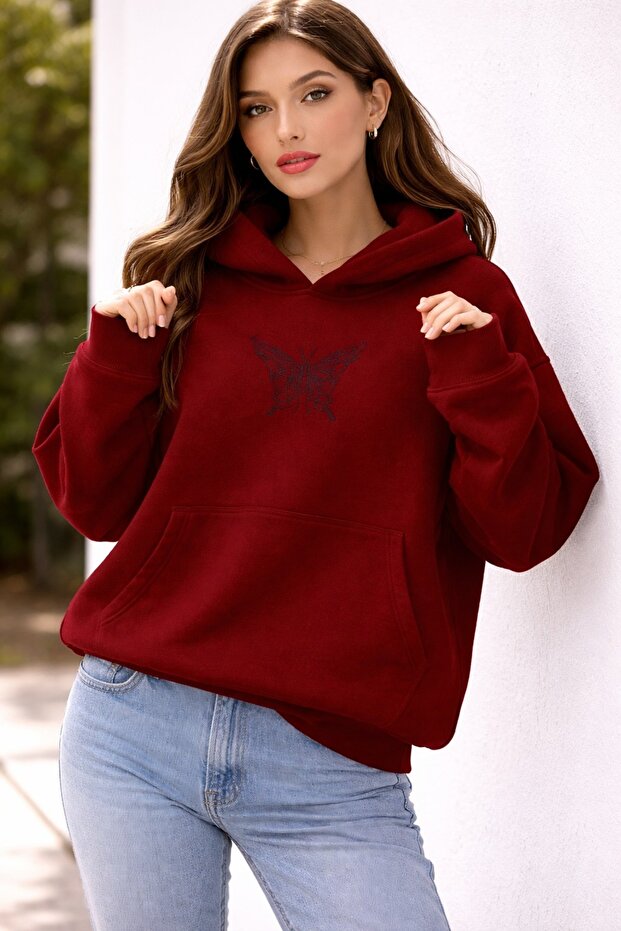 -Women's Lines with Stones Printed Butterfly Black Sweatshirt 3 Threads Compact Fabric (Inside P Cotton U)