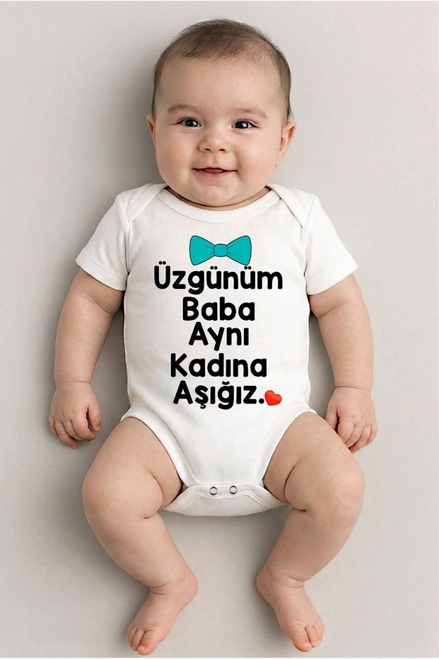 White Short-Sleeved I'M Sorry Dad We'Re in Love with the Same Woman Themed Printed Baby Bodysuit Crew Neck Unisex Body