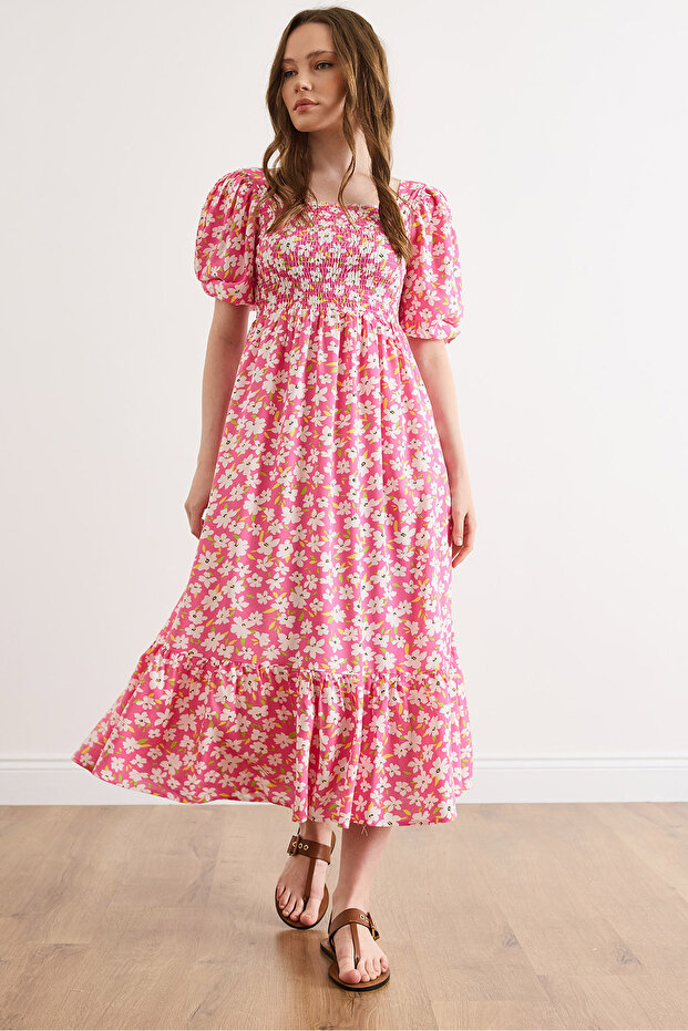Women's Pink Gipe Detailed Midi Woven Viscose Dress Elb-19002607