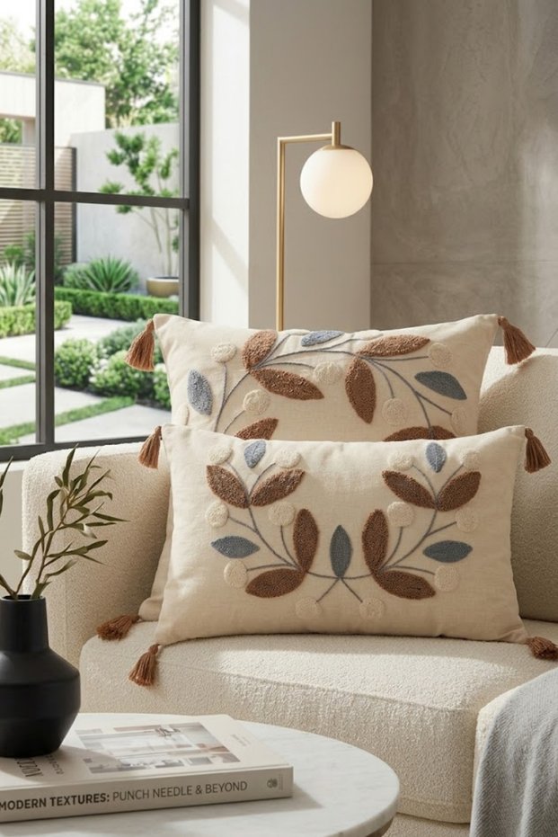 Bohemian Punch Embroidered 2-Piece Set - 100% Cotton Buldan Woven - Tasseled Decorative Cushion Coverlet