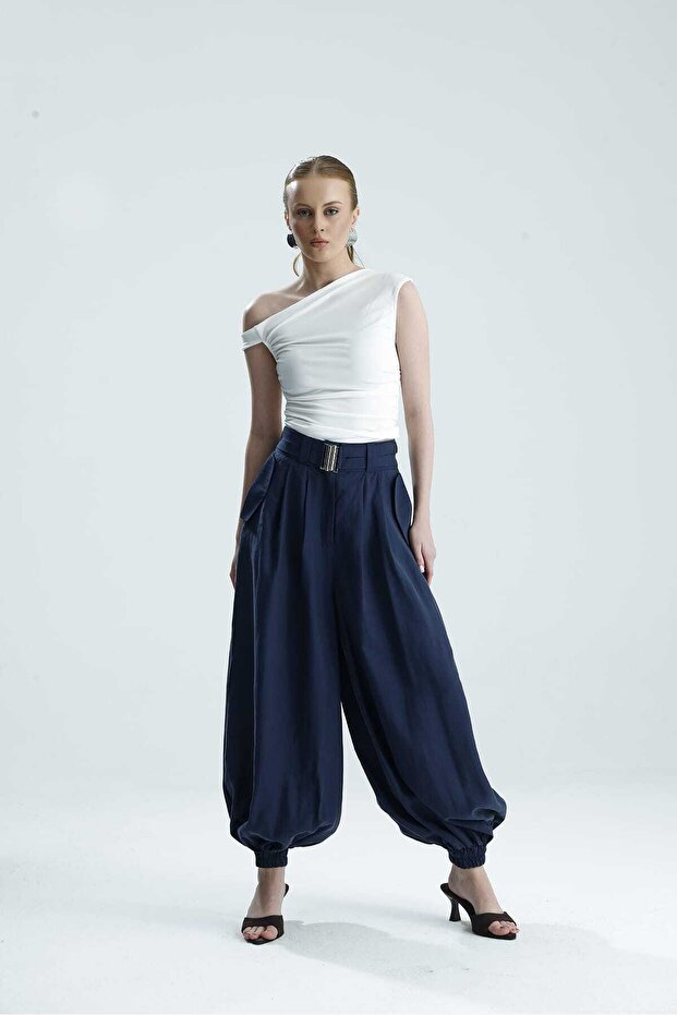 Bonita High Waist t Buckled C Pocketed Shalwar Indigo Pants