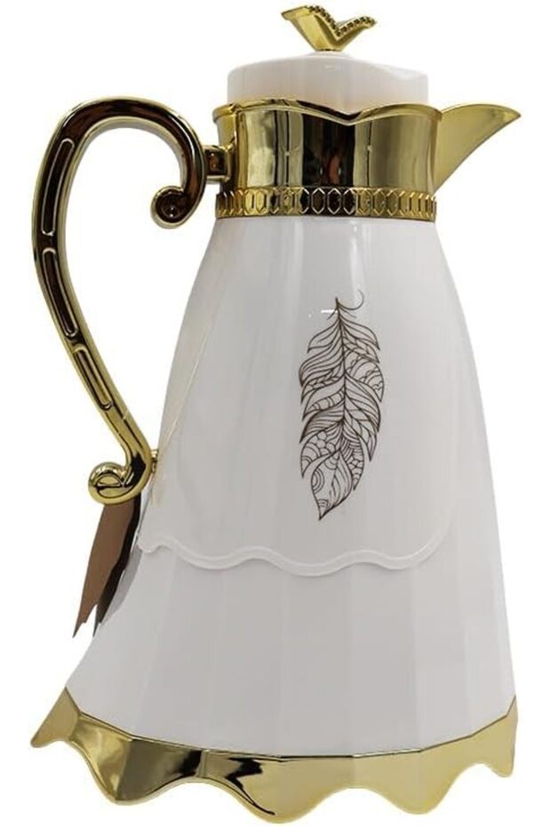 Luxury Arabic Coffee Thermos Flask – Elegant White & Gold Vacuum Insulated Dallah Coffee Pot for A