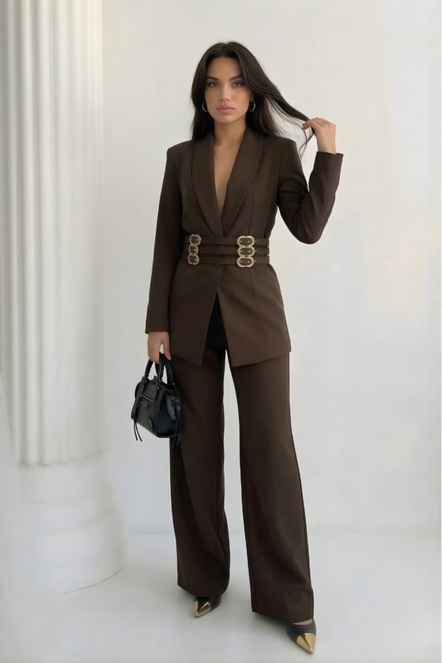 Women's Double Suit Gold K Belt I V Padded Shoulders Blazer Jacket B Wide-Leg Trousers Suit