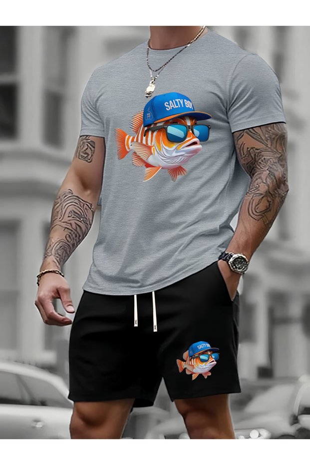 Salty boy Printed white t-shirt black shorts knitted top bottom set
