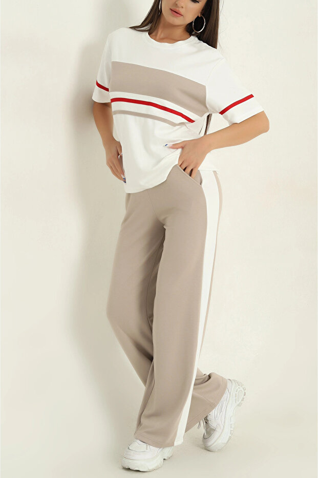Women's Modal Fabric Crew Neck Stripe Detailed Soft Textured Garnished Tracksuit Set