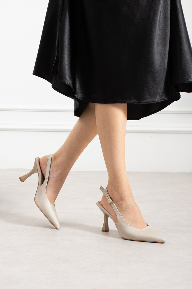 Beige Women's Pointed Toe Satin Slingback Heeled Shoes – Casual & Stylish Stiletto