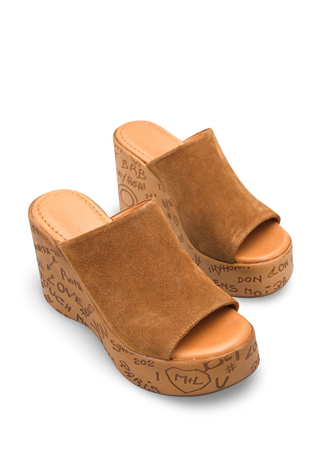 Aurelia Rosetti Tan Suede Women's Daily Flat Stylish Genuine Leather Wedge Sole Slippers