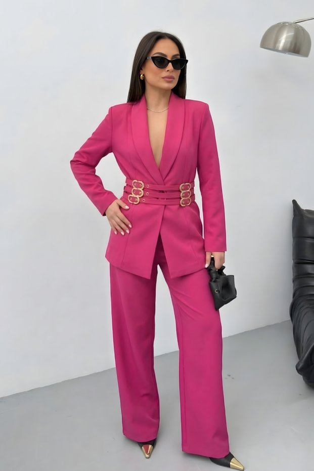 Women's Two-Piece Stylish Gold Belted Padded Shoulders Blazer Jacket Wide-Leg Pants Set
