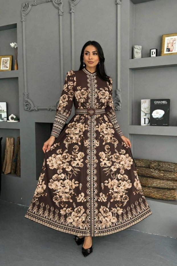 Women's Brown Atlas Fabric Button Detailed Belt Pack Maxi Dress Jen2599