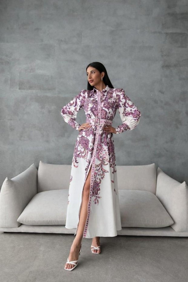 Women's White-Purple Atlas Fabric Shirt Collar Belt Pack Maxi Dress Jen4220