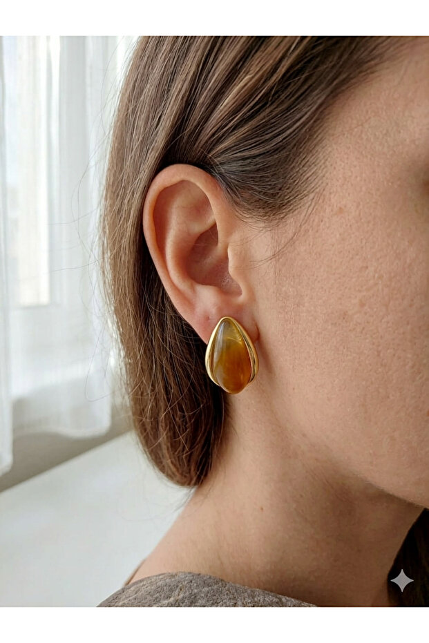 Steel Brown Large Drop Oval Natural Stone Look Earrings