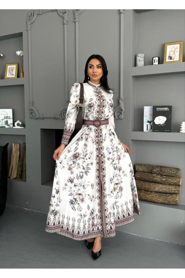 Women's White-Acute Brown Atlas Fabric Button Detailed Belt Piece Maxi Dress Jen2599