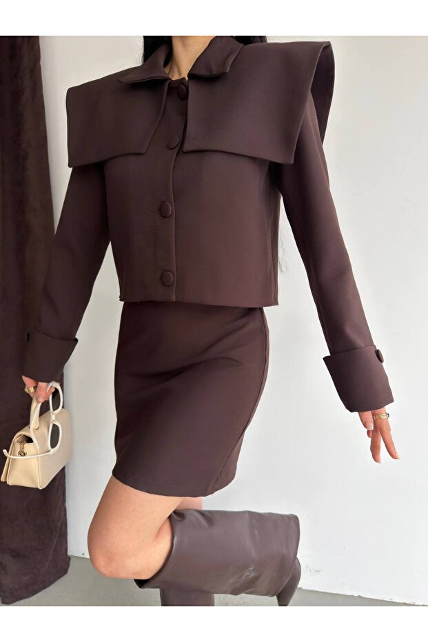 Jacket Collar Fabric Print Buttoned Cuff Sleeve Cape Collar Detail Lined Jacket Plain Mini Skirt Set