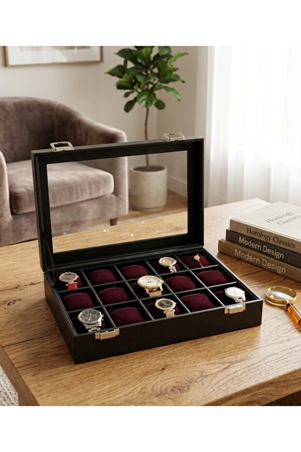 Faux Leather Compartment Wooden Watch Jewelry Box with Burgundy Cushions