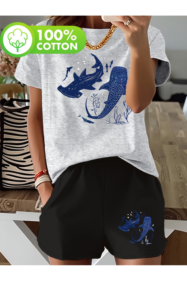 Fai̇sh Shorts T-Shirt - Shorts and Top Tracksuit Set B Printed O Oversized Crew Neck