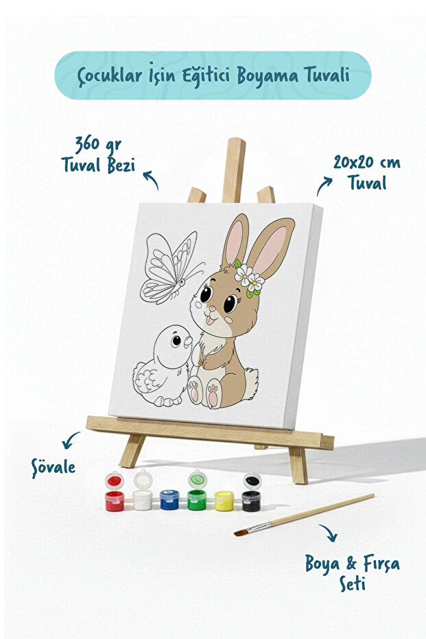 Tabdiko Sevimli Fil Temalı Çocuk Boyama Tuvali – Şövaleli Eğitici Boyama Seti 20x20 cm