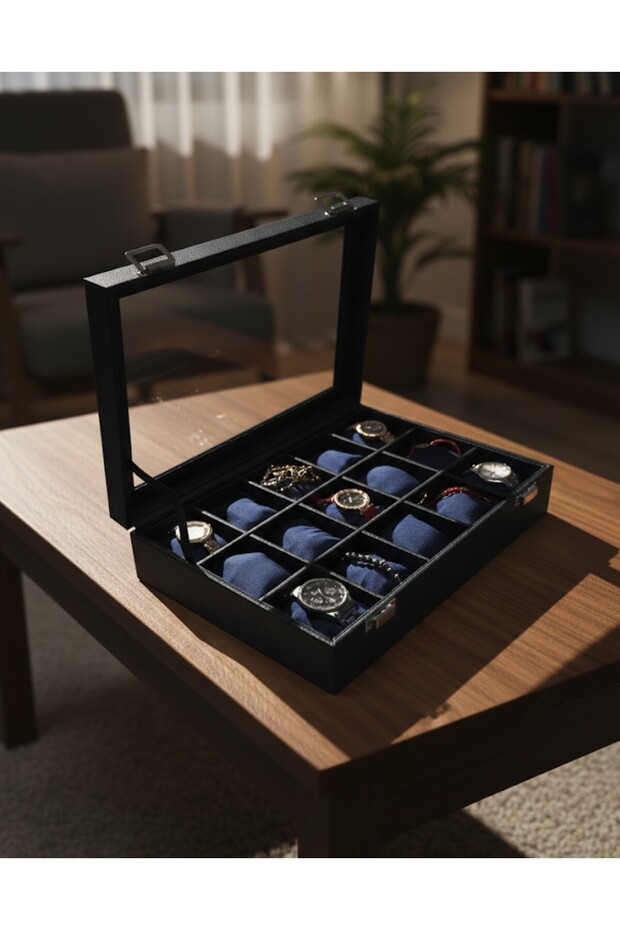 Watch Box Multi-Compartment Organizer with Glass Lid