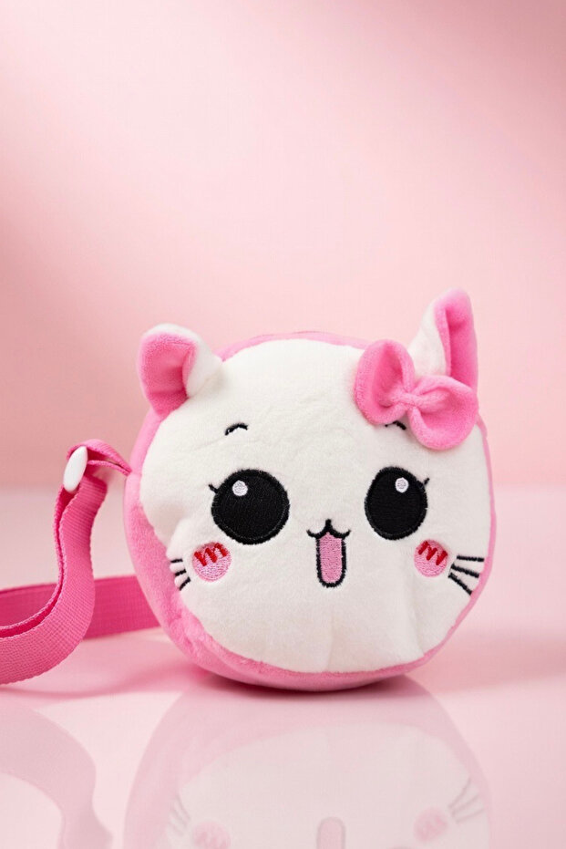 Girl Child Cat Figurine Gift Plush Mini Shoulder Bag | Pink Bow Adjustable Strap Pcs