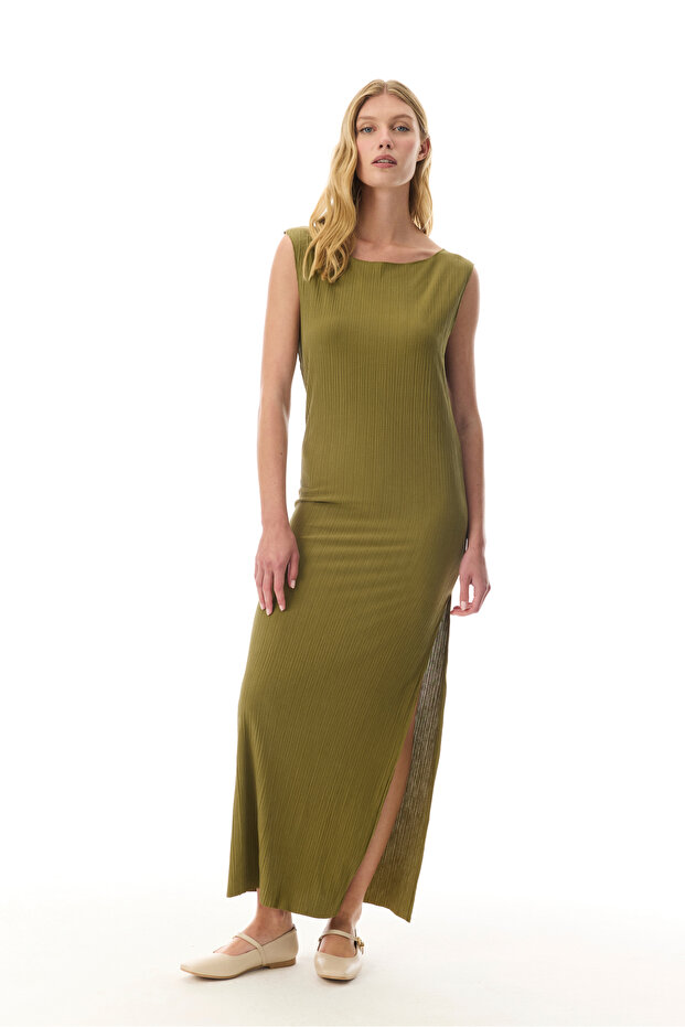 Women's Khaki Modal Straight Cut Sleeveless Textured Long Dress