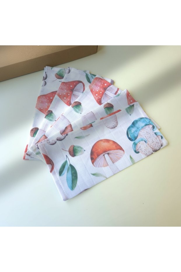 Muslin Baby Mouth Wipes Set of 5 – 100% Cotton Muslin Wipes – Mushroom Patterned