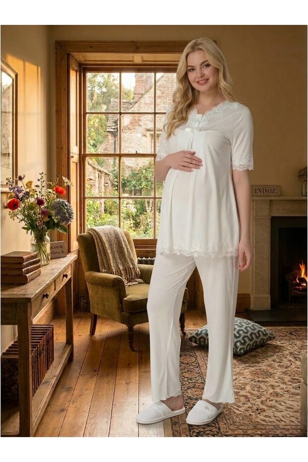 New Season Ecru Maternity Summer V-Neck Button Detailed Stylish Lace Piece Design Short Sleeve Pajama Set