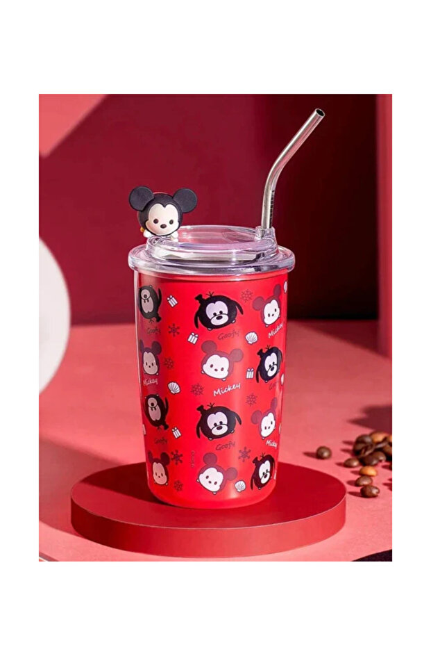 Mickey Figured Mug with Straw Thermos Steel Thermos with Straw Heat Retaining Mug Thermos