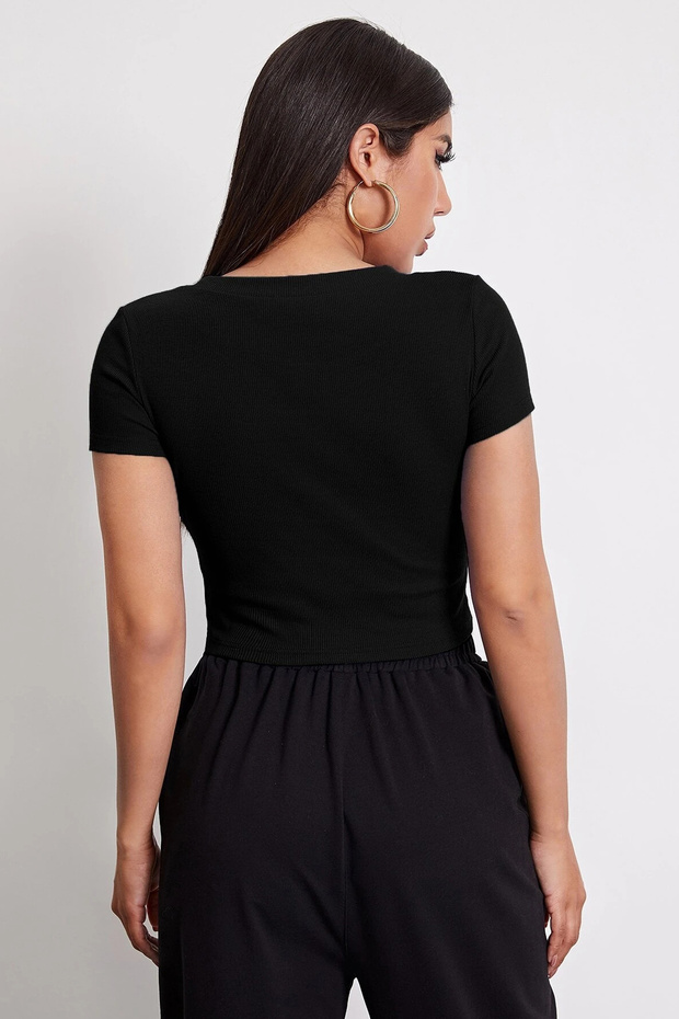 Women's Elegant Touch Black Round Neck Half Sleeve Crop Top Blouse