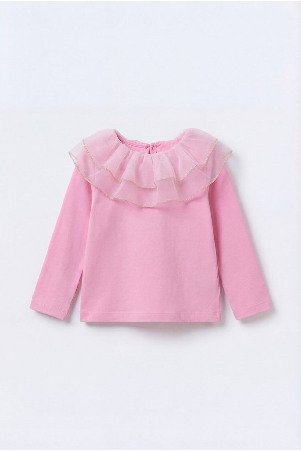 Girl's Cotton Pack Pink Tulle Flounce Collar Blouse - Gold Striped Detail