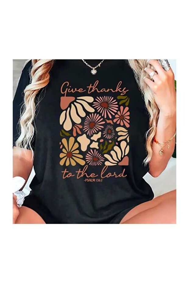 Give Thanks Printed Basic T-Shirt - 1