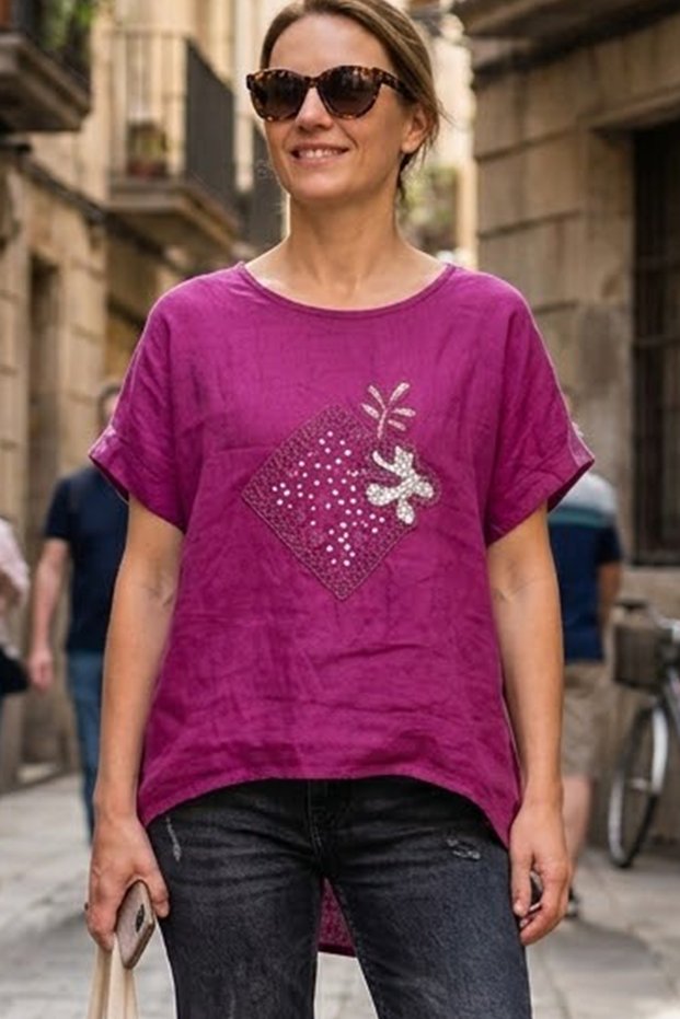 Women's Italian Fuchsia Sequin Embroidery Embroidered Short Sleeve 100% Ke Linen Luz