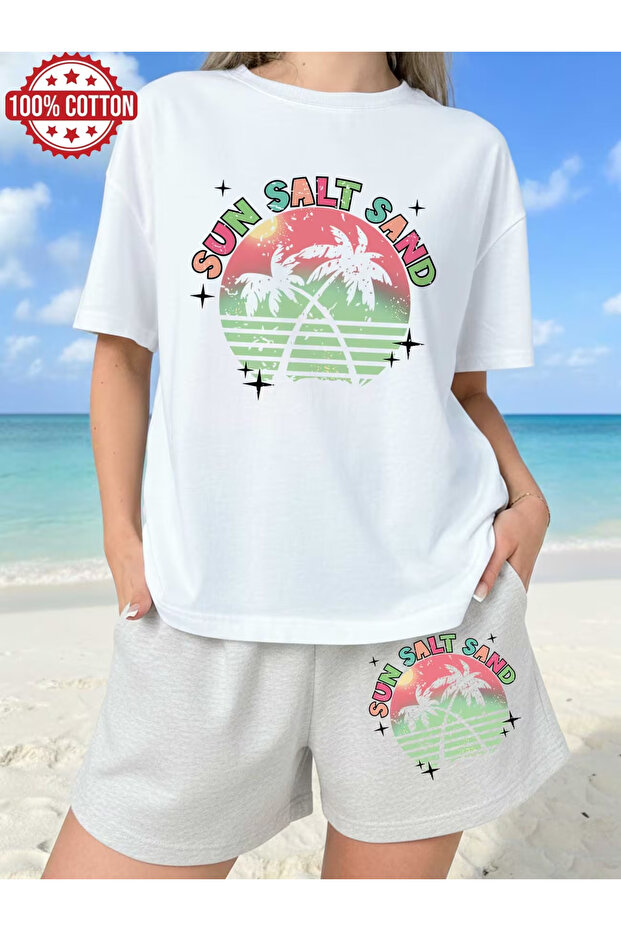 Sun salt t-shirt - shorts bottom top tracksuit set Printed Oversized crew neck