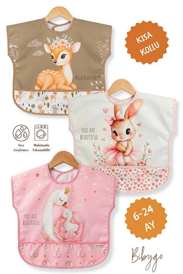 Bibygo 3'Lü Set Tavşan-Ceylan-Kuğu Kısa Kollu Bağlamalı Ayarlanabilir Sıvı Geçirmez Aktivite ve Mama Önlüğü
