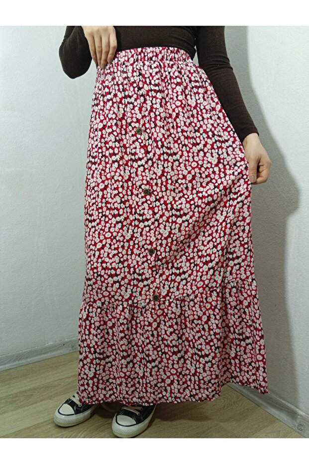 Elastic Waist, Ruffled, Button Detailed, Crispy Floral Viscose Push-Up Skirt