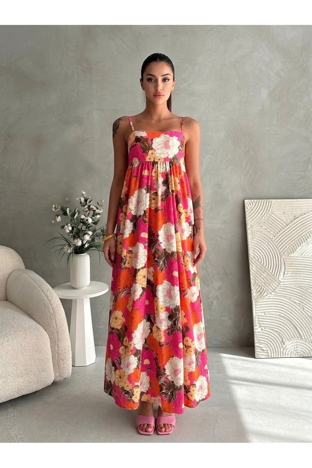 Flower-Patterned Lined Long Dress with Draped Straps