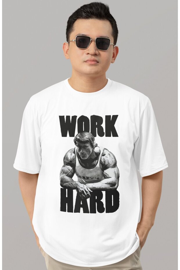 Design Arnold Work Hard Fitness Bodybuilding Sportsman Gym Printed Unisex Oversized T-Shirt