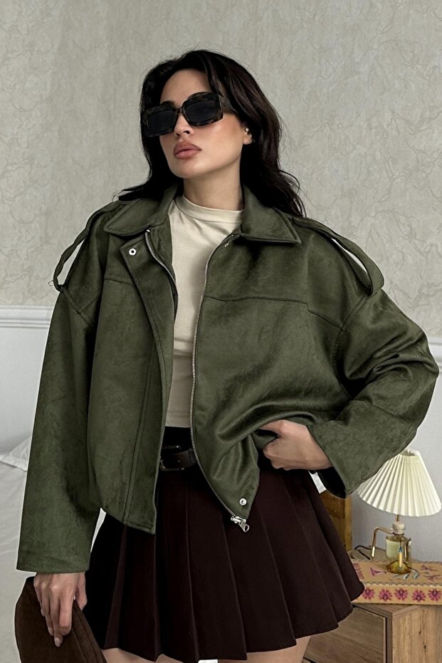 ZR Oversize Women's Bomber Khaki Suede Jacket