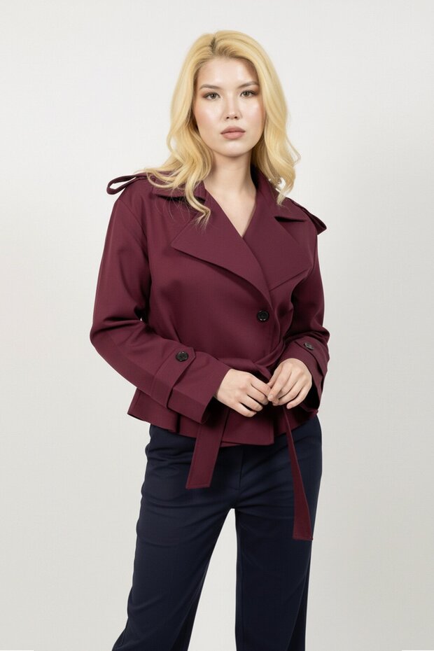 Women's Trench Coat Short Women's Trench Coat Lined Hijab Trench Coat Waist Tie-Detail Front Tie-Detail Burgundy