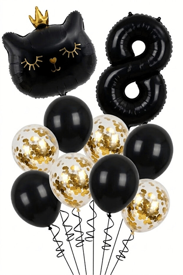 8 Year Old Black Cat Themed Birthday Balloon Set 11 Piece Party Decoration Set