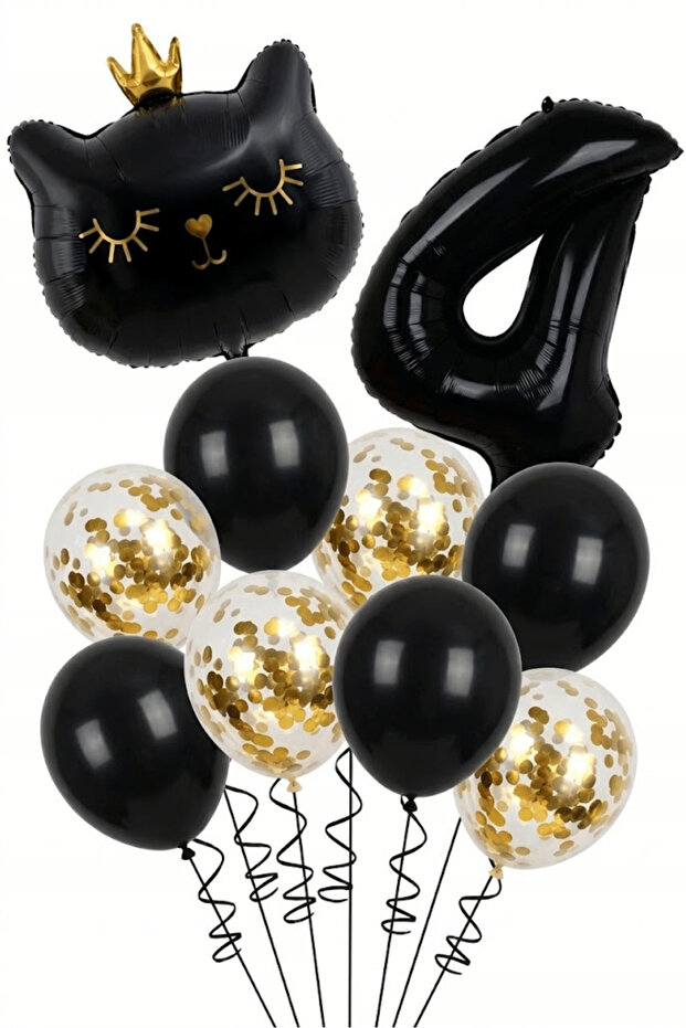 4 Year Old Black Cat Themed Birthday Balloon Set 11 Piece Party Decoration Set