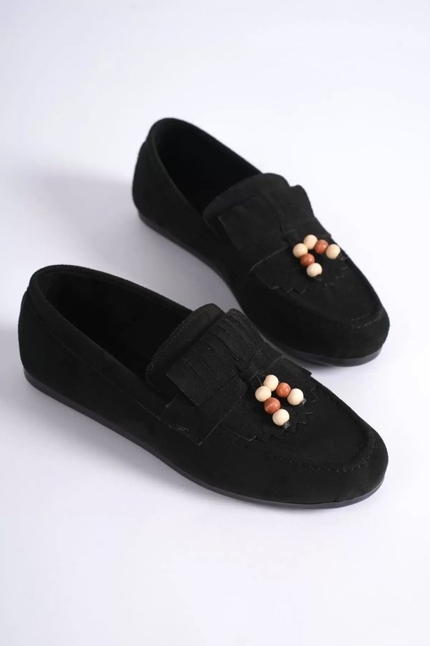 Women's Black Suede Bead Detailed Tasseled Loafers Shoes Comfortable Daily Bp19Ms03A