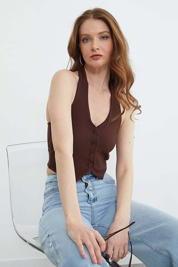 Halter Neck Buttoned Vest - 4