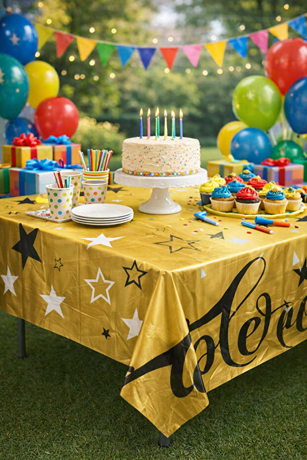 Gold Yıldız Patterned Plastic Tablecloth 108X180 cm – Birthday & Party Tablecloth