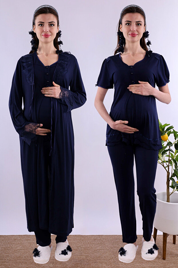 Cotton Piece Maternity and Breastfeeding Pajama Set with Dressing Gown Effortt - Navy Blue