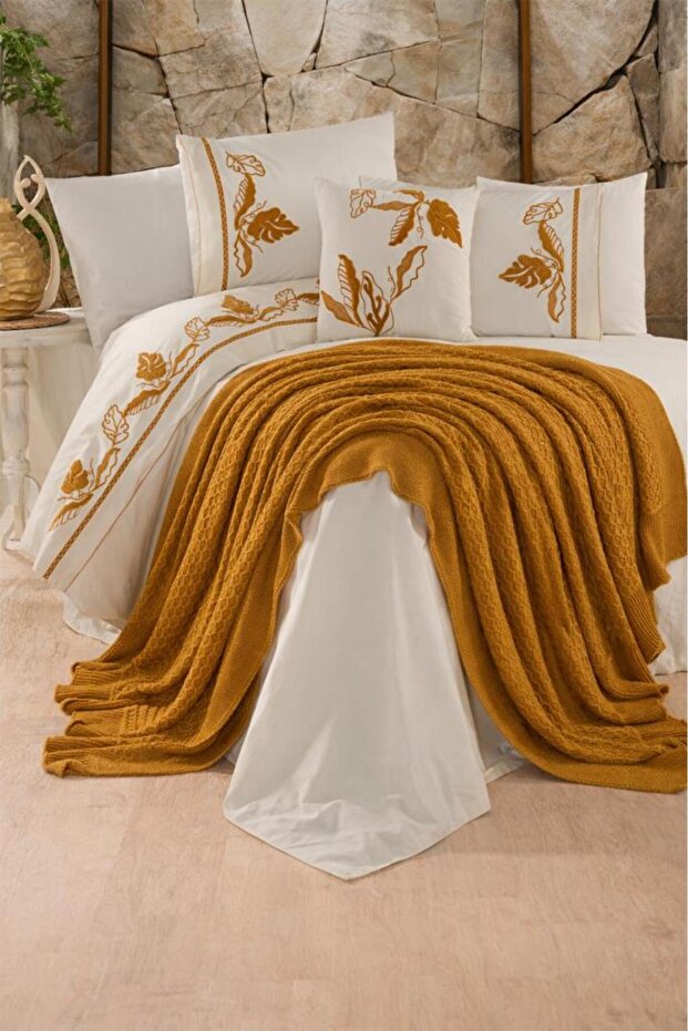 Cadis %100 Cotton Double Blanket Li Duvet Cover Set Mustard