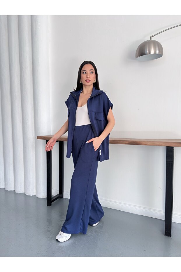 Women's Tracksuit with Zipper Vest Set Wide Leg Pants Oversized Comfortable Two-Piece Set