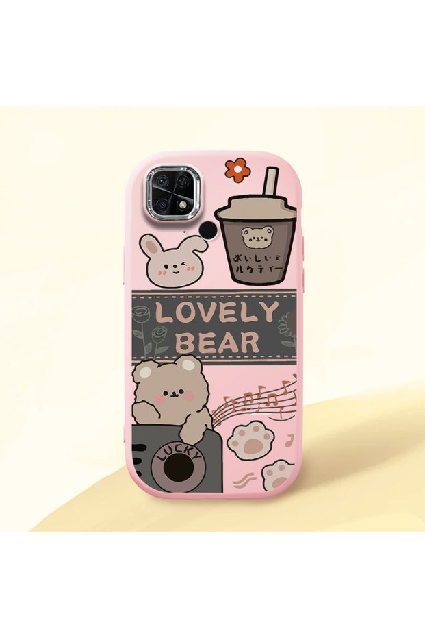 Redmi 10C Compatible Camera Protected Pink Soft Silicone Phone Case Cute Bear Patterned