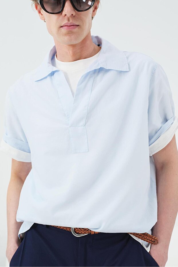 Half-Pleated Blue Vooal Shirt