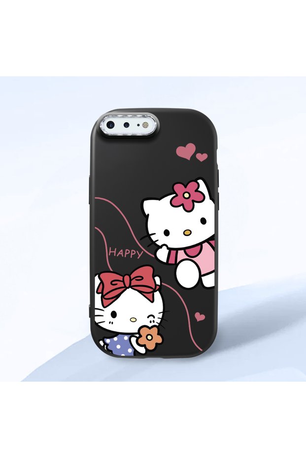 iPhone 8 Plus Compatible Camera Protected Black Soft Silicone Phone Case Hello Kitty Patterned