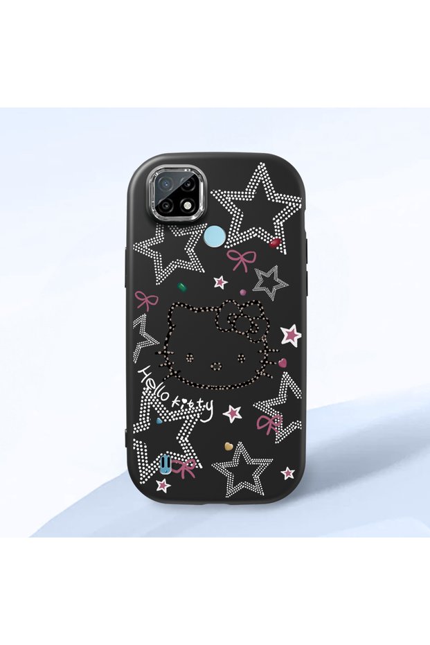 Realme C21 Compatible Hello Kitty Patterned Camera Protected Black Soft Silicone Phone Case