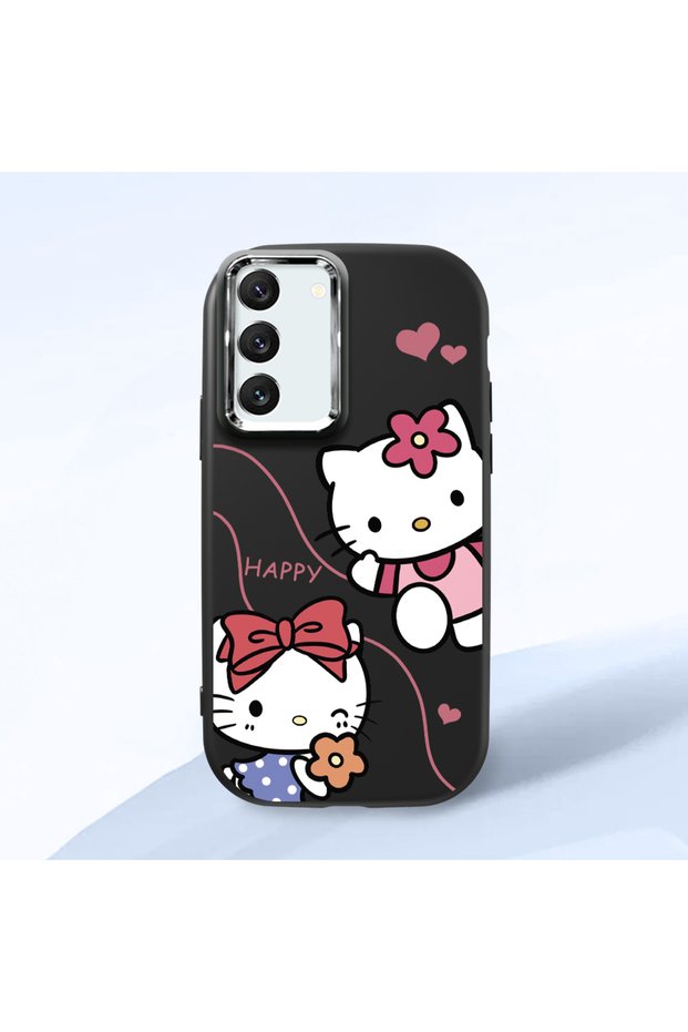 Samsung Galaxy S22 Compatible Camera Protected Black Soft Silicone Phone Case Hello Kitty Patterned